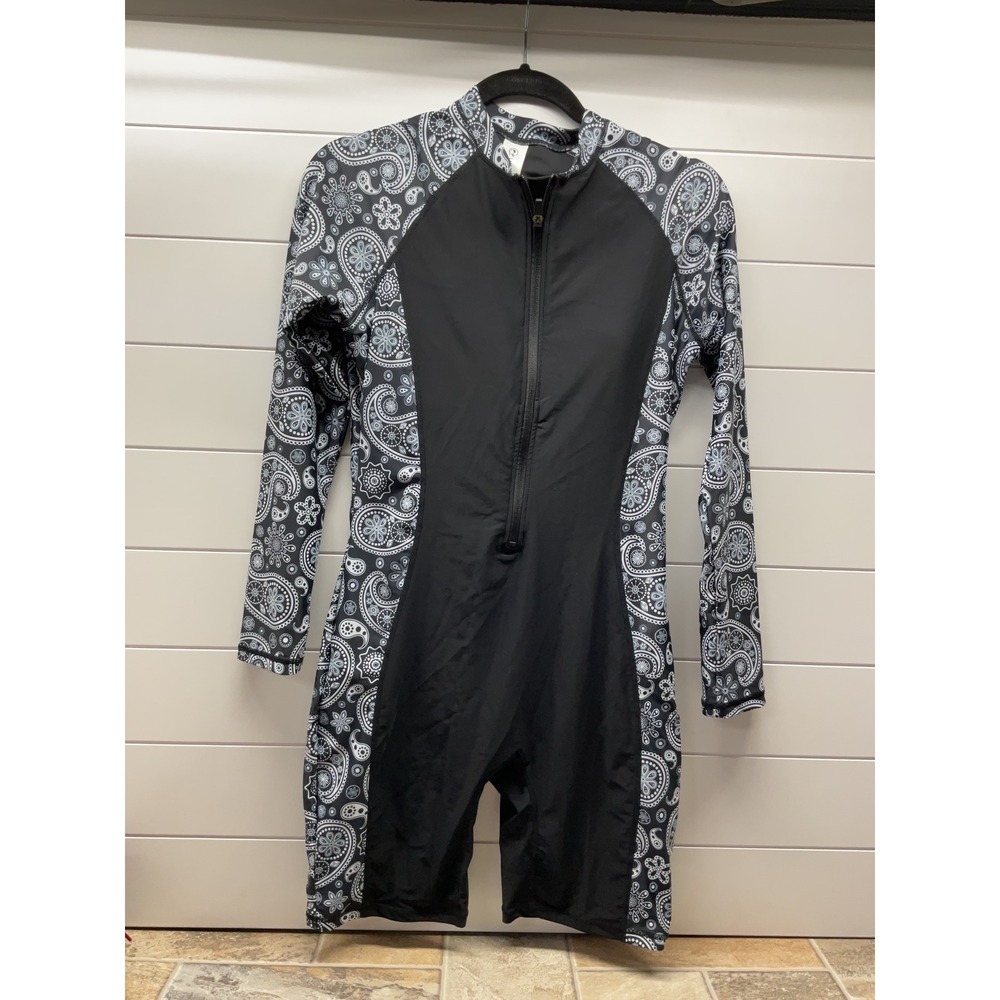 Halcurt Womens Paisley Long Sleeve Rash Guard One Piece Swimsuit Black Large